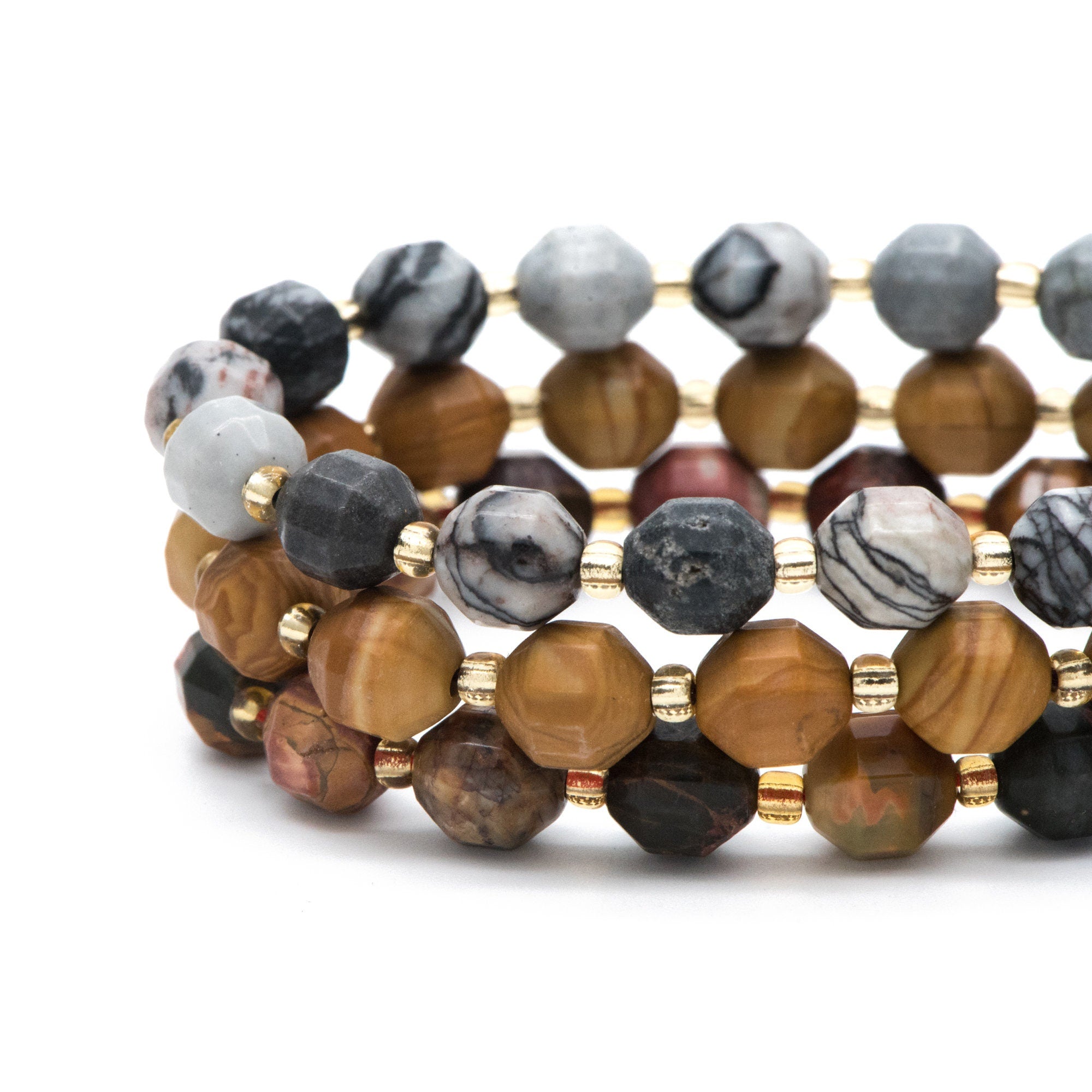 8x8.5mm Matte Black Network Jasper, Wood Grain Jasper, Picasso Jasper, Faceted Prism Gemstone Beads, Full 14.5 inch strands (TR-045)